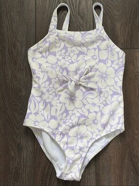 wonder nation Lavender and White Floral One-Piece Swimsuit with Front Knot